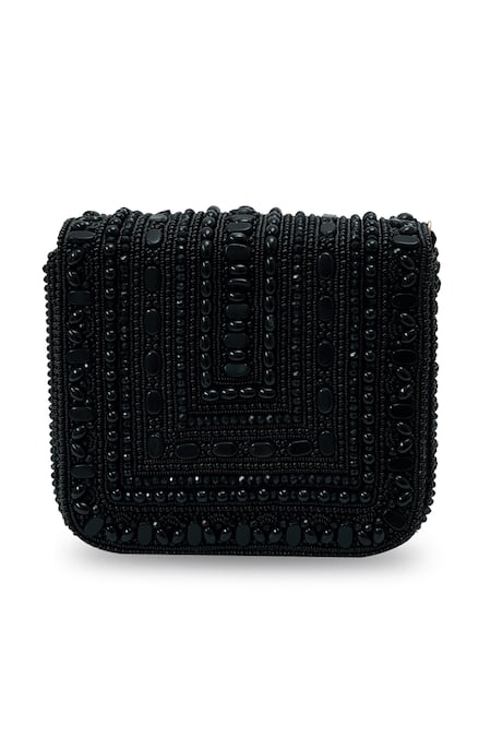 The Tan Clan_Black Beads, Stones Megan Flapover Bag _at_Aza_Fashions