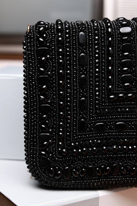 Buy_The Tan Clan_Black Beads, Stones Megan Flapover Bag 