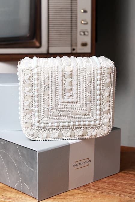 The Tan Clan White Beads Megan Flapover Bag 