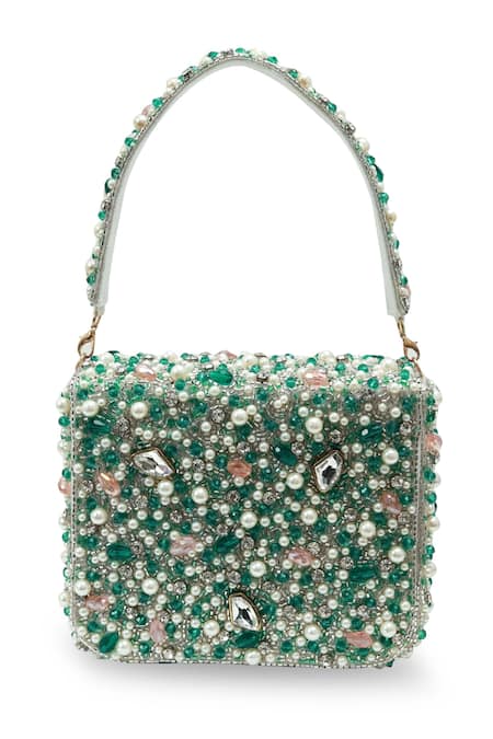 Shop_The Tan Clan_Green Beads, Pearls, Crystals Gigi Flapover Bag _at_Aza_Fashions