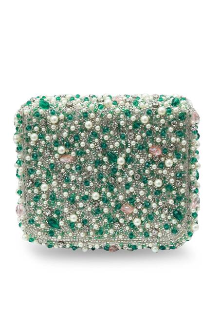 Shop_The Tan Clan_Green Beads, Pearls, Crystals Gigi Flapover Bag _Online_at_Aza_Fashions