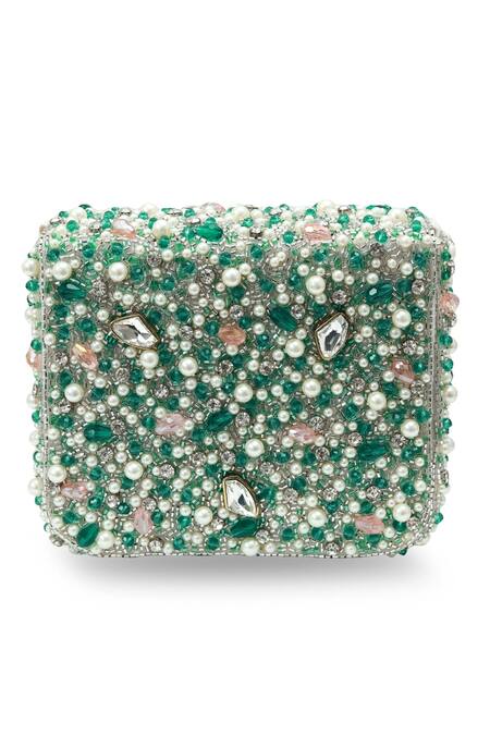 The Tan Clan_Green Beads, Pearls, Crystals Gigi Flapover Bag _at_Aza_Fashions