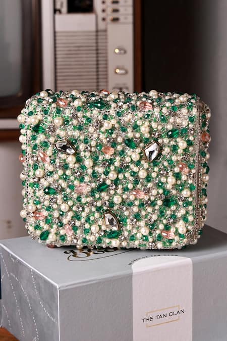 The Tan Clan Green Beads, Pearls, Crystals Gigi Flapover Bag 