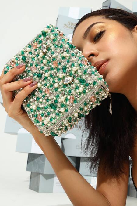 Buy The Tan Clan Green Beads, Pearls, Crystals Gigi Flapover Bag Buy_The Tan Clan_Green Beads, Pearls, Crystals Gigi Flapover Bag