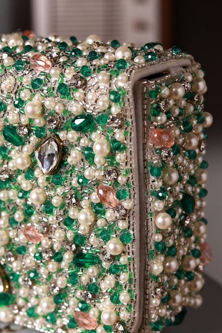 Shop The Tan Clan Green Beads, Pearls, Crystals Gigi Flapover Bag Shop_The Tan Clan_Green Beads, Pearls, Crystals Gigi Flapover Bag