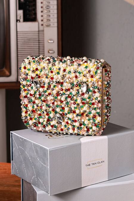 The Tan Clan_Multi Color Beads, Pearls, Crystals, Rhinestones Tyra Flapover Bag _Online_at_Aza_Fashions