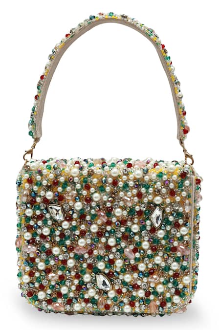 Shop_The Tan Clan_Multi Color Beads, Pearls, Crystals, Rhinestones Tyra Flapover Bag _at_Aza_Fashions