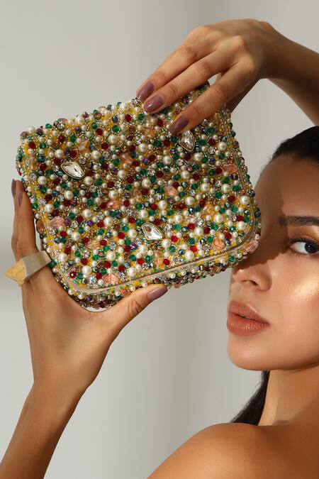 The Tan Clan Multi Color Beads, Pearls, Crystals, Rhinestones Tyra Flapover Bag at Aza Fashions The Tan Clan_Multi Color Beads, Pearls, Crystals, Rhinestones Tyra Flapover Bag _at_Aza_Fashions