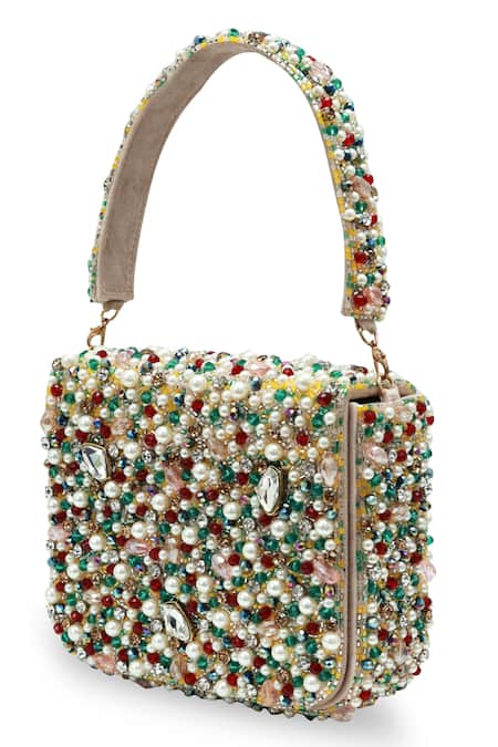Buy_The Tan Clan_Multi Color Beads, Pearls, Crystals, Rhinestones Tyra Flapover Bag 
