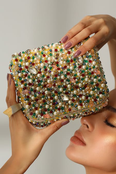 The Tan Clan Multi Color Beads, Pearls, Crystals, Rhinestones Tyra Flapover Bag