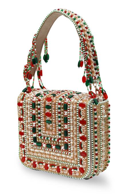 The Tan Clan_Multi Color Beads, Stones Abby Flapover Bag _at_Aza_Fashions