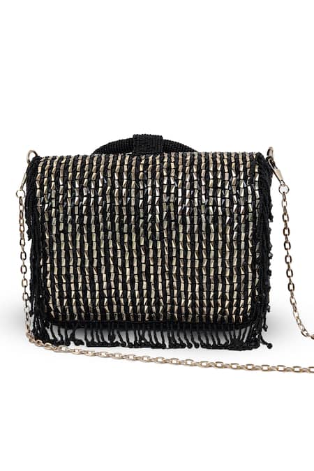 Shop_The Tan Clan_Black Beads, Fringe Sylvie Flapover Bag _at_Aza_Fashions