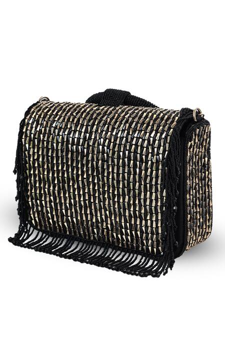 Shop_The Tan Clan_Black Beads, Fringe Sylvie Flapover Bag _Online_at_Aza_Fashions