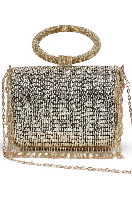Shop_The Tan Clan_Gold Beads, Tassels Sylvie Flapover Bag _at_Aza_Fashions