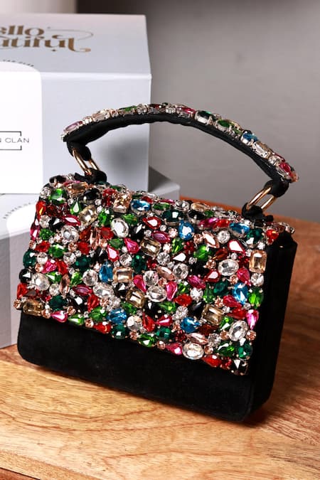 The Tan Clan Black Gemstones, Crystals, Rhinestones Kylie Flapover Bag 