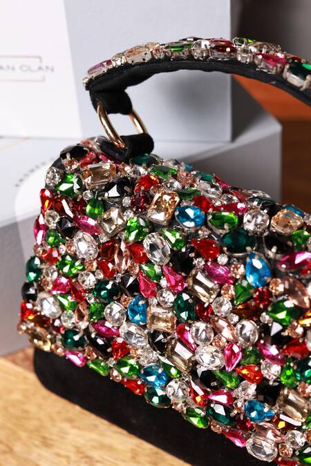 The Tan Clan_Black Gemstones, Crystals, Rhinestones Kylie Flapover Bag _Online_at_Aza_Fashions