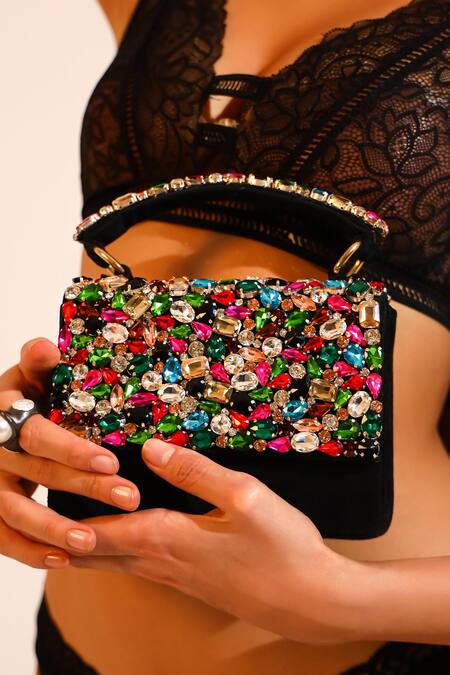 Buy The Tan Clan Black Gemstones, Crystals, Rhinestones Kylie Flapover Bag Online at Aza Fashions Buy_The Tan Clan_Black Gemstones, Crystals, Rhinestones Kylie Flapover Bag _Online_at_Aza_Fashions