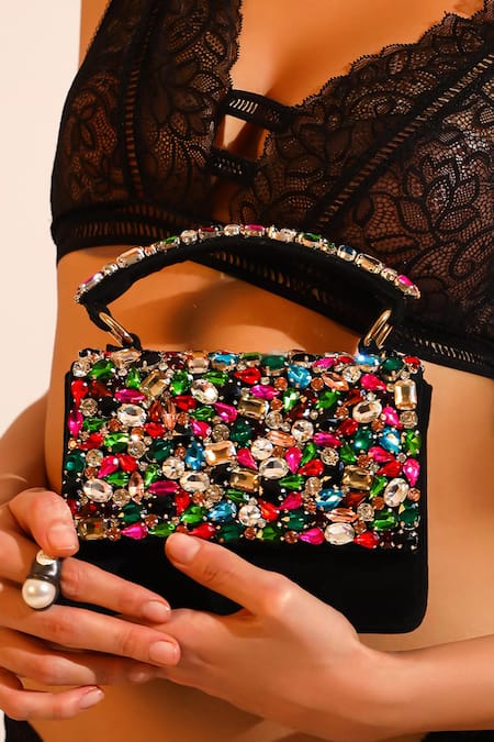 Shop The Tan Clan Black Gemstones, Crystals, Rhinestones Kylie Flapover Bag at Aza Fashions Shop_The Tan Clan_Black Gemstones, Crystals, Rhinestones Kylie Flapover Bag _at_Aza_Fashions