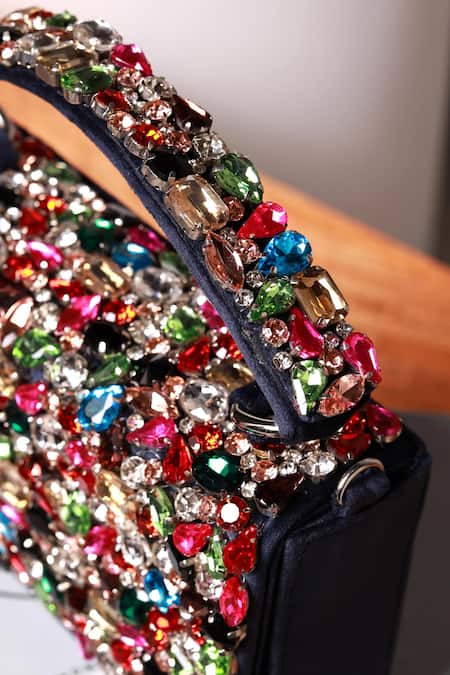 Shop_The Tan Clan_Blue Gemstones, Crystals, Rhinestones Kylie Flapover Bag _at_Aza_Fashions