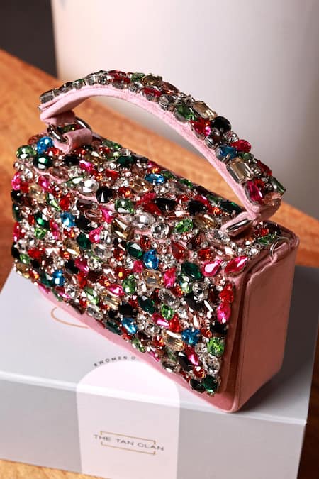 Shop_The Tan Clan_Pink Gemstones, Crystals Kylie Flapover Bag _at_Aza_Fashions