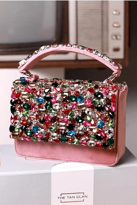 The Tan Clan Pink Gemstones, Crystals Kylie Flapover Bag 