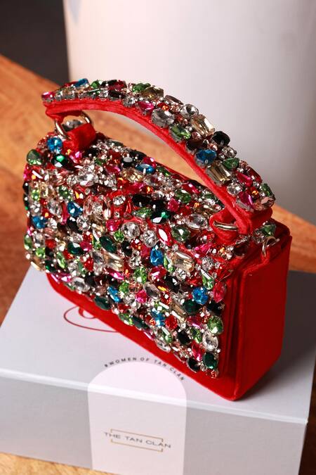 The Tan Clan_Red Gemstones, Crystals Kylie Flapover Bag _Online_at_Aza_Fashions