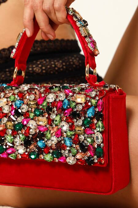 Buy The Tan Clan Red Gemstones, Crystals Kylie Flapover Bag Online at Aza Fashions Buy_The Tan Clan_Red Gemstones, Crystals Kylie Flapover Bag _Online_at_Aza_Fashions