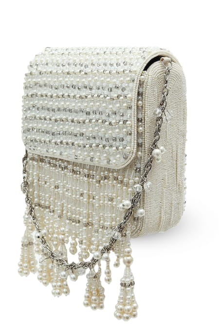The Tan Clan_White Beads, Pearls, Chains Mira Flapover Bag _Online_at_Aza_Fashions