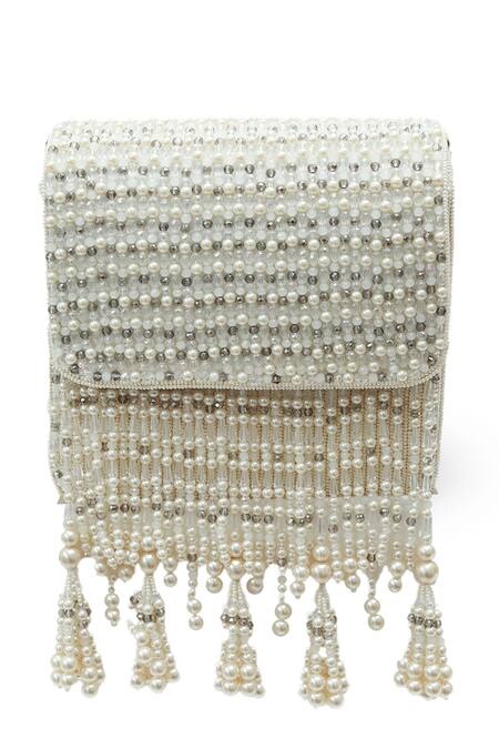Shop_The Tan Clan_White Beads, Pearls, Chains Mira Flapover Bag _Online_at_Aza_Fashions