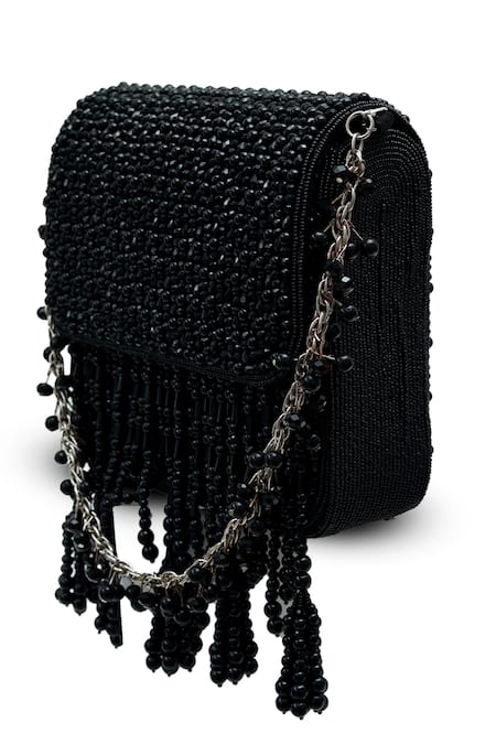 Shop_The Tan Clan_Black Beads, Tassels Mira Flapover Bag _Online_at_Aza_Fashions