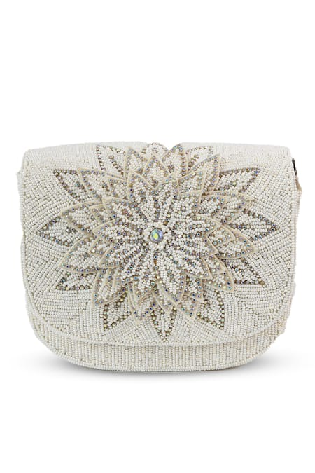Shop_The Tan Clan_White Beads, Crystals Eva Flapover Bag _at_Aza_Fashions