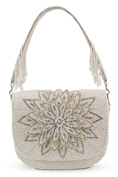 The Tan Clan_White Beads, Crystals Eva Flapover Bag _at_Aza_Fashions