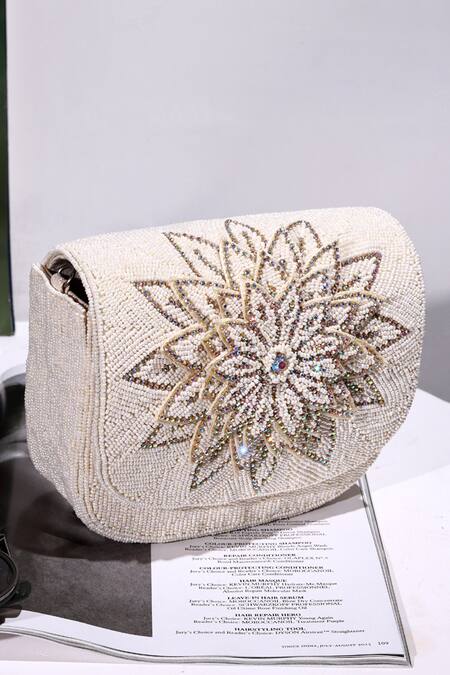 Shop_The Tan Clan_White Beads, Crystals Eva Flapover Bag 