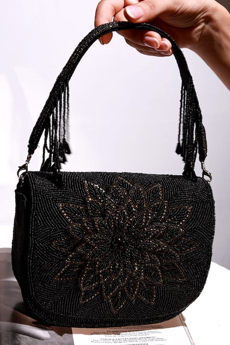 The Tan Clan Black Beads Eva Flapover Bag 