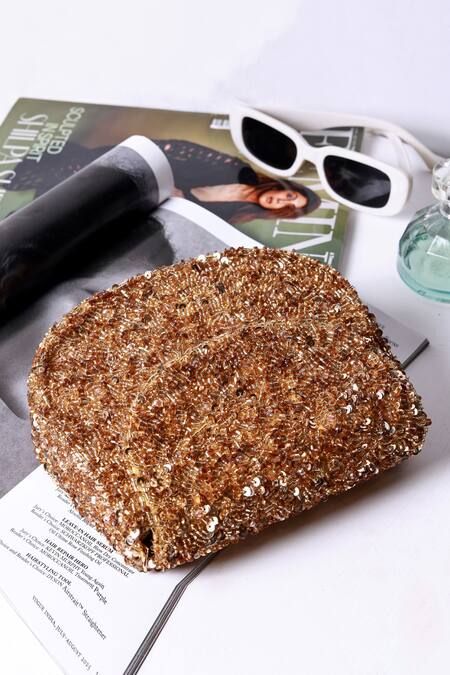 The Tan Clan_Gold Beads, Sequins Amy Flapover Bag _at_Aza_Fashions