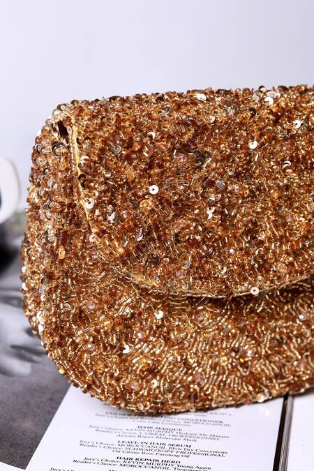 Shop The Tan Clan Gold Beads, Sequins Amy Flapover Bag Shop_The Tan Clan_Gold Beads, Sequins Amy Flapover Bag