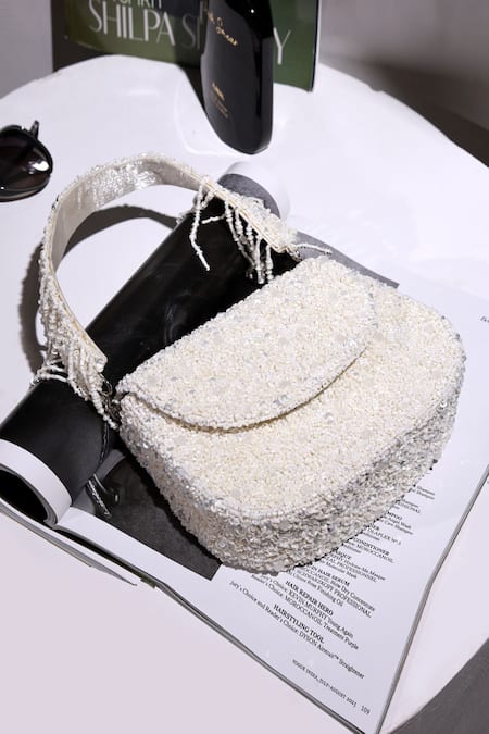 The Tan Clan White Beads, Sequins Amy Flapover Bag 