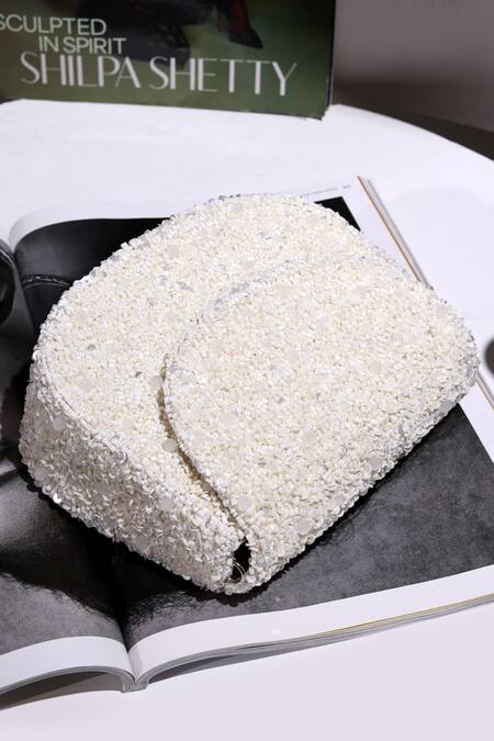 The Tan Clan_White Beads, Sequins Amy Flapover Bag _Online_at_Aza_Fashions