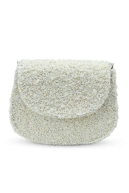 Shop The Tan Clan White Beads, Sequins Amy Flapover Bag Online at Aza Fashions Shop_The Tan Clan_White Beads, Sequins Amy Flapover Bag _Online_at_Aza_Fashions