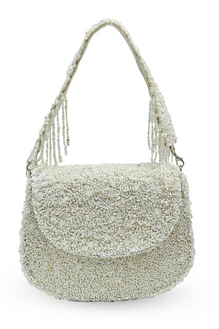 Shop The Tan Clan White Beads, Sequins Amy Flapover Bag at Aza Fashions Shop_The Tan Clan_White Beads, Sequins Amy Flapover Bag _at_Aza_Fashions