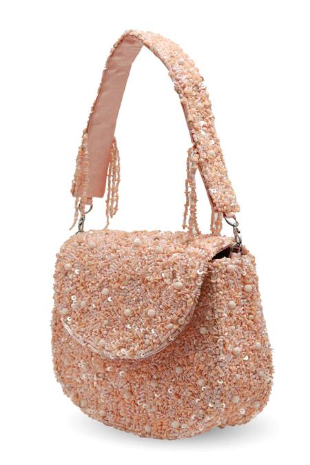 The Tan Clan Peach Beads, Sequins, Pearls Amy Flapover Bag Online at Aza Fashions The Tan Clan_Peach Beads, Sequins, Pearls Amy Flapover Bag _Online_at_Aza_Fashions