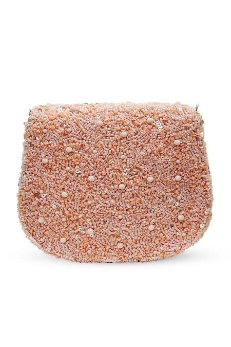 Shop The Tan Clan Peach Beads, Sequins, Pearls Amy Flapover Bag at Aza Fashions Shop_The Tan Clan_Peach Beads, Sequins, Pearls Amy Flapover Bag _at_Aza_Fashions