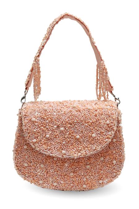 Shop The Tan Clan Peach Beads, Sequins, Pearls Amy Flapover Bag Online at Aza Fashions Shop_The Tan Clan_Peach Beads, Sequins, Pearls Amy Flapover Bag _Online_at_Aza_Fashions