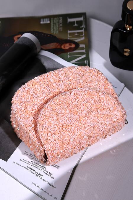 Buy_The Tan Clan_Peach Beads, Sequins, Pearls Amy Flapover Bag 