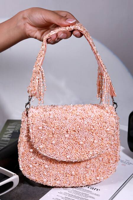 Shop The Tan Clan Peach Beads, Sequins, Pearls Amy Flapover Bag Shop_The Tan Clan_Peach Beads, Sequins, Pearls Amy Flapover Bag