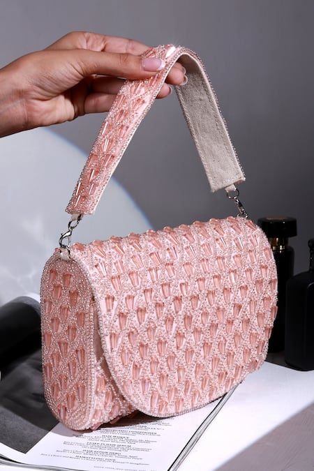 Shop_The Tan Clan_Pink Beads, Crystals Claire Flapover Bag _at_Aza_Fashions