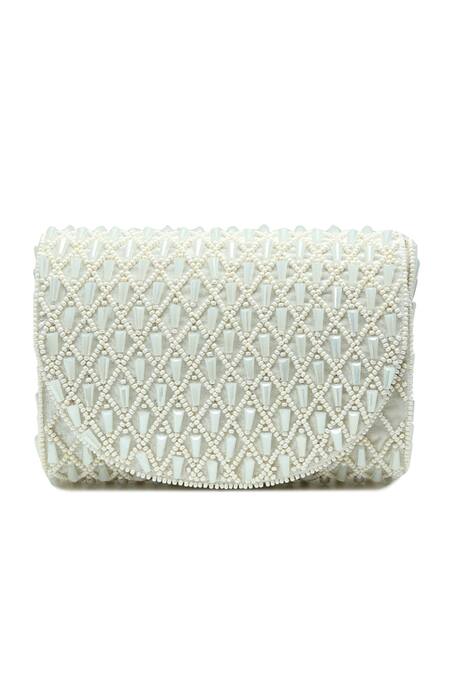 The Tan Clan_White Beads, Pearls Claire Flapover Bag _Online_at_Aza_Fashions