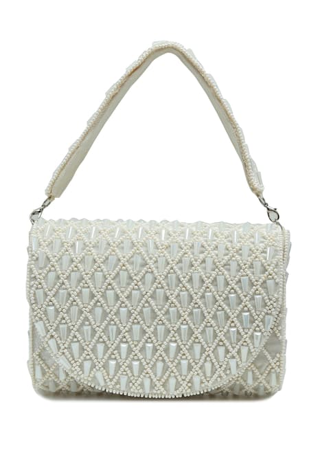 Shop_The Tan Clan_White Beads, Pearls Claire Flapover Bag _at_Aza_Fashions