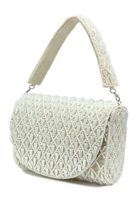 Shop_The Tan Clan_White Beads, Pearls Claire Flapover Bag _Online_at_Aza_Fashions