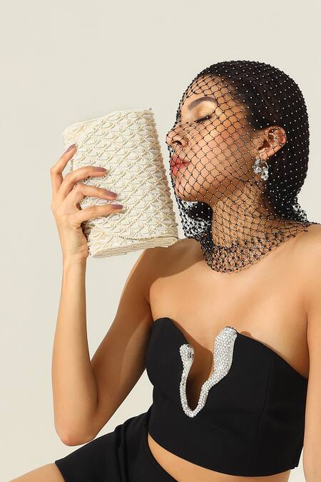 The Tan Clan White Beads, Pearls Claire Flapover Bag at Aza Fashions The Tan Clan_White Beads, Pearls Claire Flapover Bag _at_Aza_Fashions